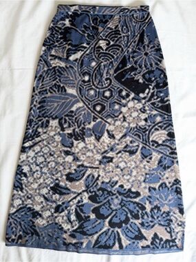 Peruvian Connection Pima Cotton Midi Skirt Blue Floral Boho Luxe Size M